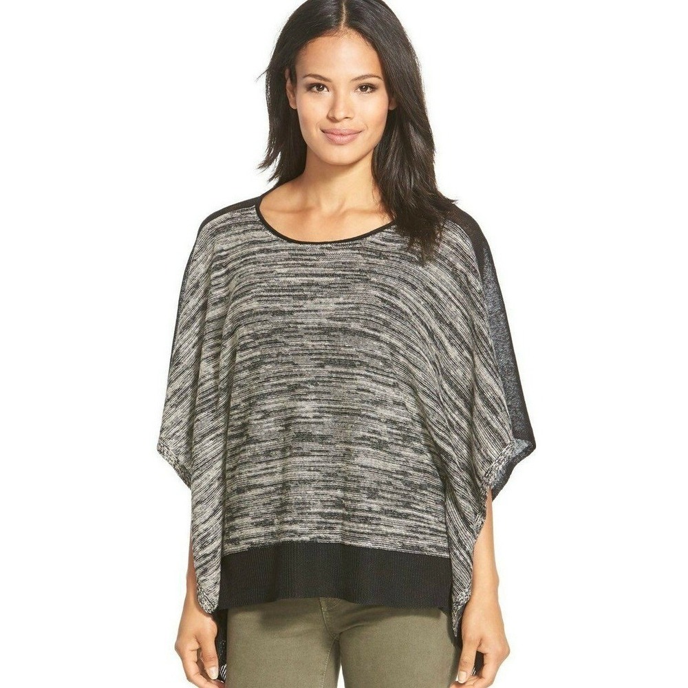 Eileen‎ Fisher Organic Linen Poncho Sweater Black White Marled One Size